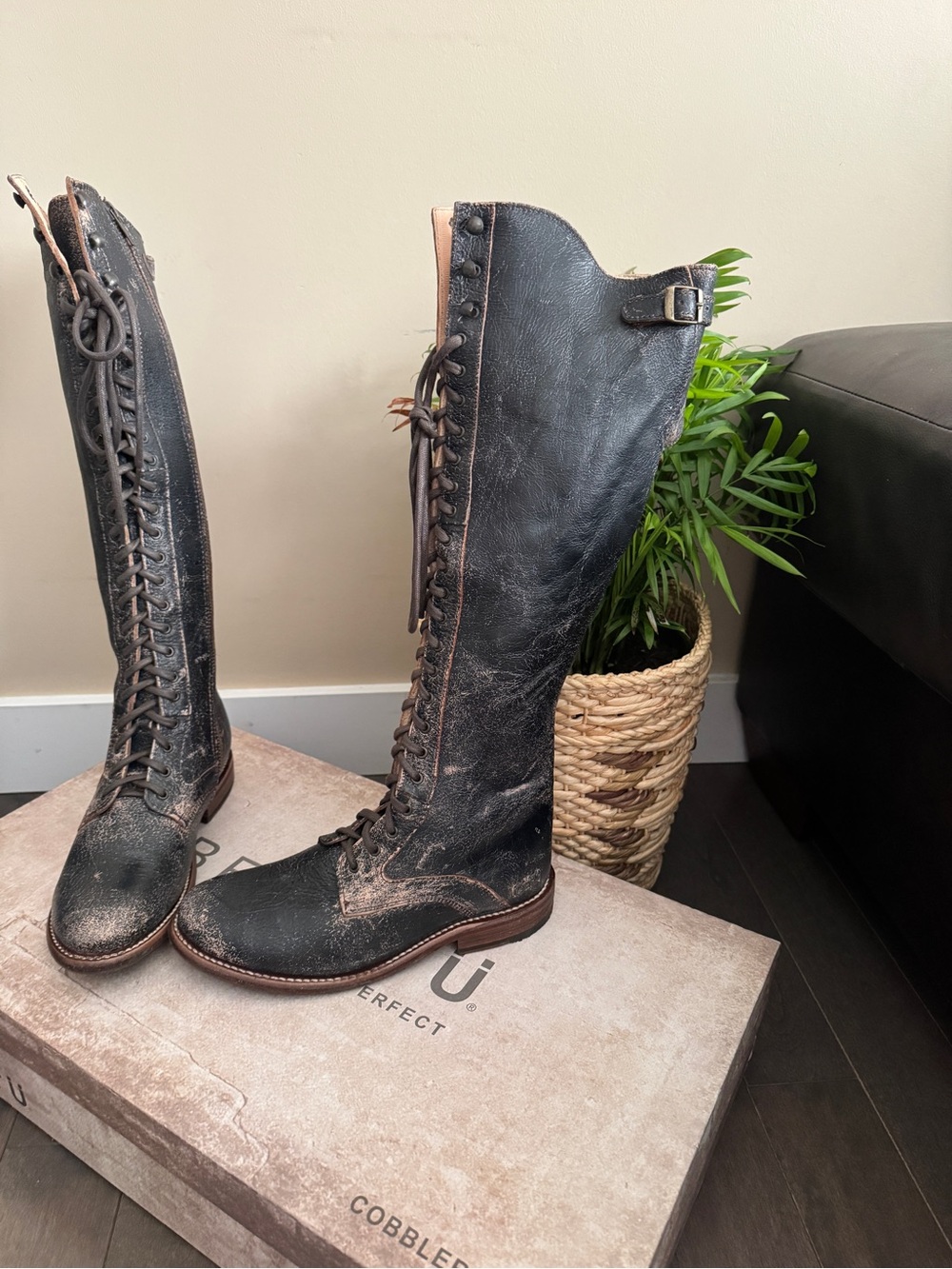 Bed Stu Black Leather Knee-High Lace-Up Boots with Brown Accent